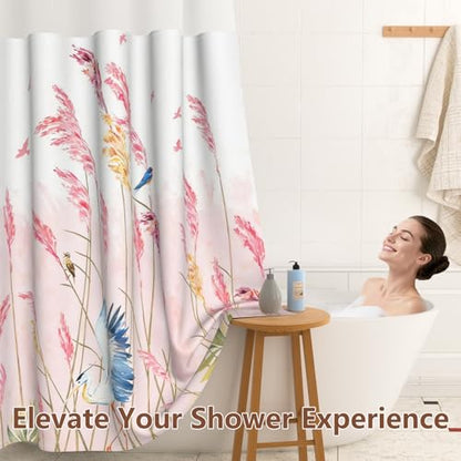 Hook Free Shower Curtain with Liner, Hotel Style Double-Layer Waterproof Pink Shower Curtain with Breathable Vent Window and Weighted Hem, Farmhouse Pastel Reed Bath Curtain, 71x74 Inches - color: Heron in Reed