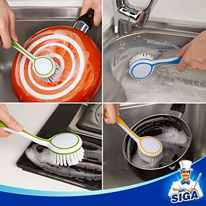 MR.SIGA Round Dish Brush with Suction Cup, Pack of 3 | Scrub brush for dishes, pans, pots, kitchen sink cleaning, dish brush with handle