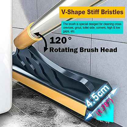 2 in 1 Cleaning Scrub Brush Grout Brush Scrape Floor Scrub Brush with Long Handle V-Shape Stiff Bristle Brush Scrubber with Squeegee 120°Rotating Shower Scruber for Cleaning Bathroom Glass Wall - color: Yellow