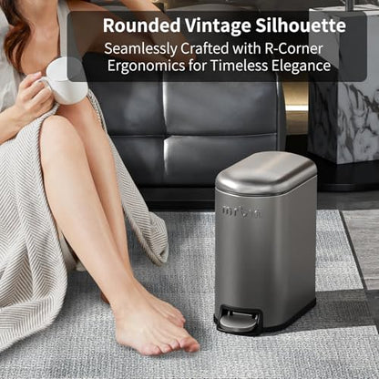 MRBIN Stainless Steel Slim Bathroom Trash Can with Lid, 6L / 1.6Gal Step Narrow Waste Basket Covered Odorless Dustbin with Inner Bucket for Bedroom, Kitchen, Vanity, Office, Eclipse-Grey - color: Eclipse Grey - 1.6 Gallons, style: Arc Lid