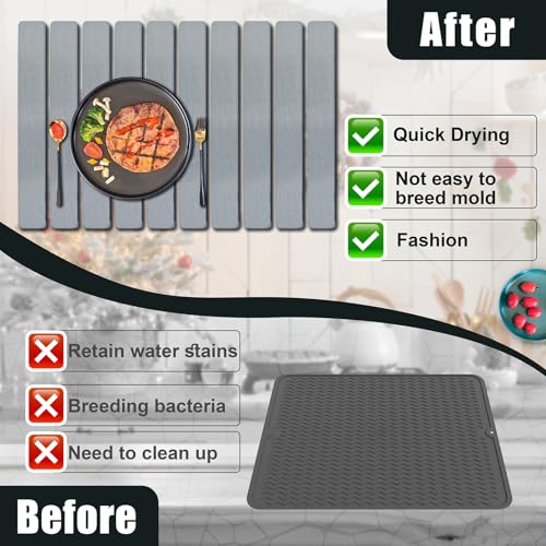 Large Stone Dish Drying Mat for Kitchen Counter, 24"×16" Quick Dry Collapsible Diatomaceous Earth Mat – Super Absorbent Foldable Drying Pad for Dishes (Light Gray, 23.2" x 15.4") - color: Light Gray