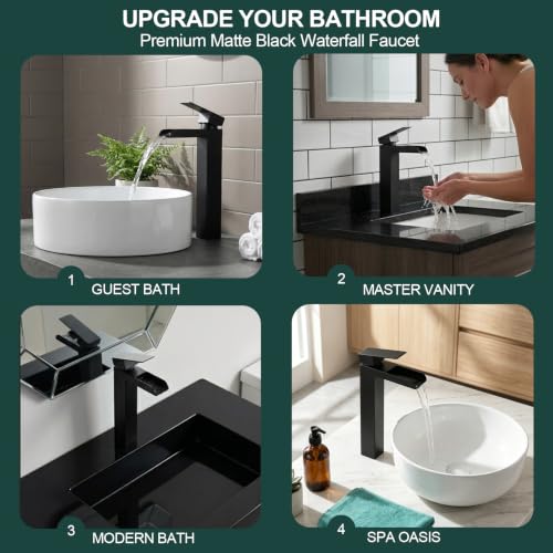 Black Tall Waterfall Bathroom Faucet, Single Hanlde Vessel Sink Faucet with Waterfall Spout, Bathroom Faucets for 1 Hole, RV Lavatory Vanity Mixer Bar Tap with Pop Up Drain and Hoses KMBF015B | Bathroom Faucets for RV Lavatory Vanity Mixer Bar Tap with Po