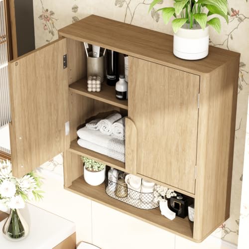 RUSTOWN Wall Mounted Bathroom Cabinets with Rounded Edges & Curved Handles | Adjustable Shelf, 3-Tier Over The Toilet Storage Cabinets, Modern Medicine Cabinet for Laundry Kitchen Living Room - color: Natural Oak
