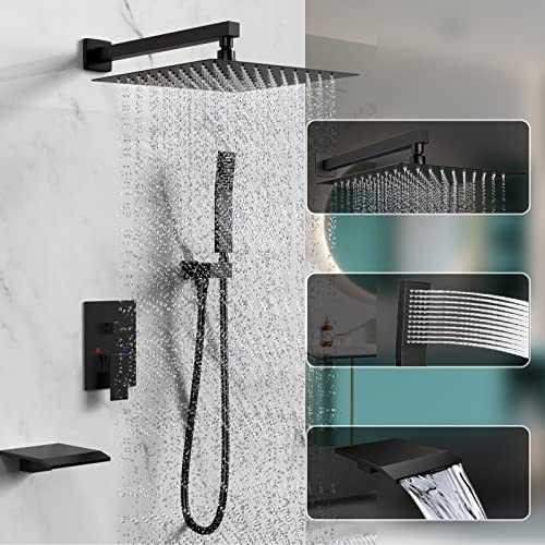 Matt Black Shower System Rain Faucet Set with Tub Spout, 12 inch | All-Metal Wall Mounted Bathroom Shower Faucet Set with Safe Pressure Balance Valve, Water Saving High Pressure Rainfall Head - color: Matte Black, style: 12in with Tub spout