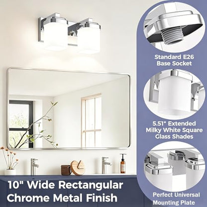 10 Inches Bathroom Vanity Light, 2-Light Chrome Bathroom Light Fixtures Over Mirror, Bathroom Light Shower Lamp with Milky White Square Glass Shade, Modern Farmhouse Lighting Fixtures - color: Chrome, size: 10 Inch : 2-lights
