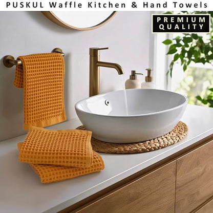 PÜSKÜL Natural 100% Turkish Cotton Waffle Kitchen and Hand Towels, 3-Piece | Mustard Yellow 32x16" Large Premium 3D Honeycomb Weave Soft Absorbent Quick-Dry Lint-Free Dish Towel, Oeko-Tex Made in Turkey - color: Mustrad Yellow, size: Kitchen & Hand Towels
