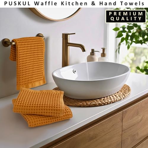 PÜSKÜL Natural 100% Turkish Cotton Waffle Hand and Kitchen Towels Set of 3 | Mustard Yellow Large 32x16 in Honeycomb-Waffle weave towel for bathroom & kitchen. Premium quality oeko-tex made in Turkey. - color: Mustrad Yellow, size: Kitchen & Hand Towels P