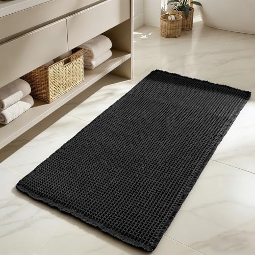 MIULEE Waffle Bathroom Runner Rugs Boho Long Bath Mat 2'x4'(24"x48") Black | Super Absorbent, Non Slip, Upgraded Soft, Quick Dry, Washable Bath Rug with Tassels for Hallway Laundry Room Bedroom - color: Black, size: 24''x48''