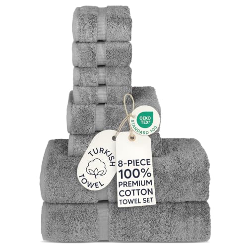 Chakir Turkish Linens Set of 8 Towel Set, 100% Cotton Luxury Turkish Towels for Bathroom, Soft Absorbent Bath Towel Set with 2 Bath Towels 2 Hand Towels 4 Washcloths, Gray - color: Gray