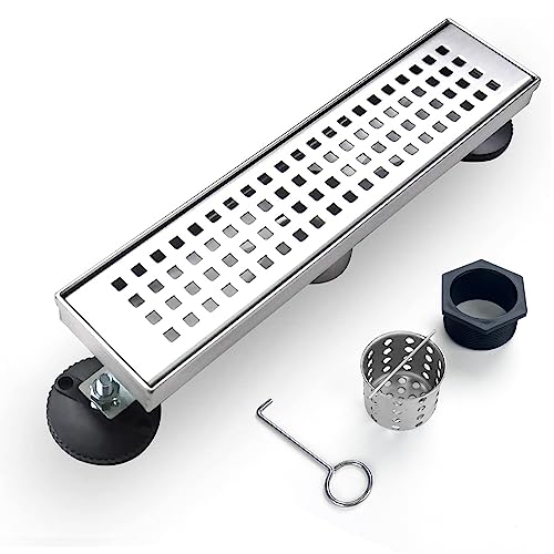 12 inch Linear Shower Drain Brushed Silver with Grate Removable | Square Hole Panel,AISI 304 Stainless Steel Fast Drainage Rectangle Hidden Shower Trench,Detachable Hair Catcher,Leveling Feet - color: Stainless Steel, size: 12 inch+No Base