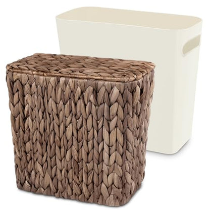 Wicker Trash Can with Lid and Liner, Handwoven Wicker Waste Basket, Water Hyacinth Bathroom Trash Can, Boho Rattan Garbage Wastebasket for Bedroom Home Living Room Office, 2.5 Gallon, Espresso - color: Espresso