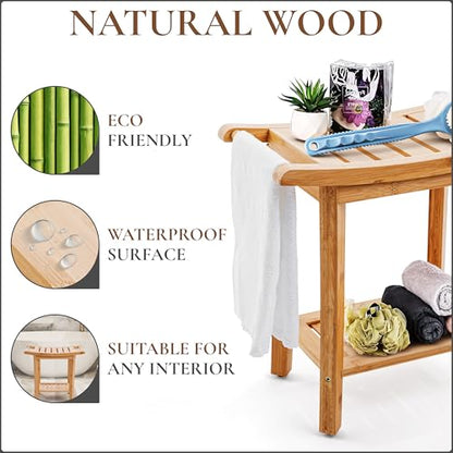Teak shower bench with Storage Shelf, Shower Stool for Inside Shower, Waterproof Shower Bench Seat, Shower Chair for Inside Shower, Wood Bench, Bathroom Bench (Natural Wood) (Bamboo Wood) - color: Bamboo Wood