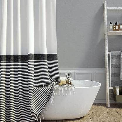 Stall Fabric Shower Curtain - 54x78 Modern Farmhouse Black and White Boho Striped Cloth Shower Curtain with Tassels, Hotel Luxury Bathroom Shower Curtain Set with 10 Hooks - color: Black, size: 54"W x 78"L (Pack of 1)