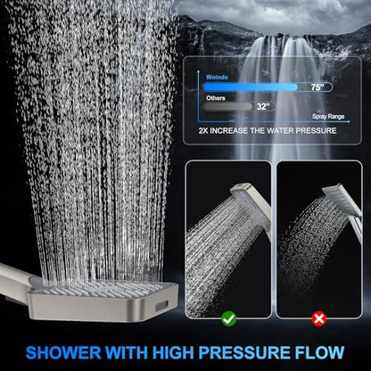 Woindo Shower Faucet Set, 12" Wall Mount Rainfall Shower System with 2 Rain Shower Head and Multi-function Handheld Head Push Button Diverter Shower Faucet Trim Kit - color: Brushed Nickel, style: 12"-Wall-01
