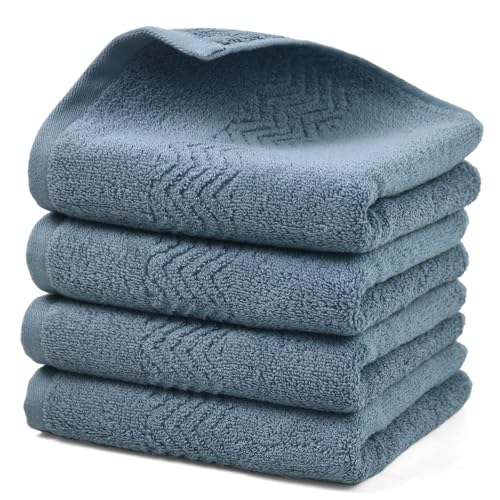Cleanbear Cotton Hand Towels with Wavy Pattern, 4-Pack, 13 x 28 Inch | Quick Dry & Lightweight Hand Towels for Bathroom, Kitchen, Gym, Blue-Gray - color: Blue-gray