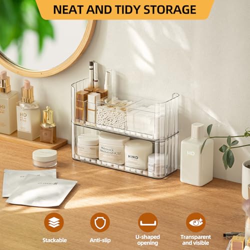 PAVSTINE 2-Tier Stackable Medicine Cabinet Organizer, Narrow Bathroom Makeup Organizer with Lipstick Holders & Cotton Swab Cases, Clear Countertop Shelf for Mirror Cabinet and Vanity - size: 2-Tier-Clear