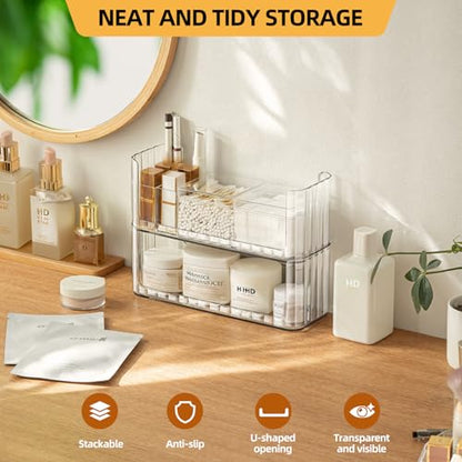 PAVSTINE 2-Tier Stackable Medicine Cabinet Organizer, Narrow Bathroom Makeup Organizer with Lipstick Holders & Cotton Swab Cases, Clear Countertop Shelf for Mirror Cabinet and Vanity - size: 2-Tier-Clear