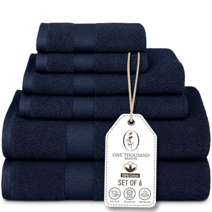 Premium Staple Cotton Bathroom Towel Set - Navy 600 GSM 6-Piece Luxury Bath Towel Set 1 Stripe - 2 Bath Towels, 2 Hand Towels & 2 Washclothes Set - High Absorbent & Quick Dry for Gym, Spa, Hotel - color: Navy - 1 Stripe