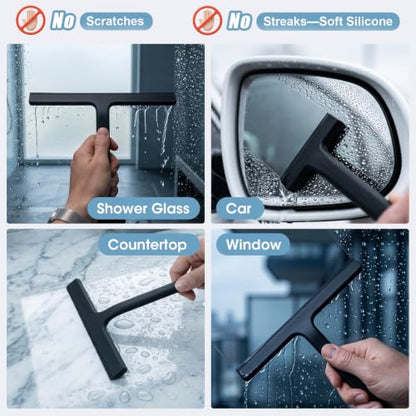 Shower Squeegee for Glass Doors, 8.6-Inch Silicone with Hook, Black | Dual-end silicone blade removes water and soap scum from glass, mirrors and tile; streak-free cleaning with a movable hook