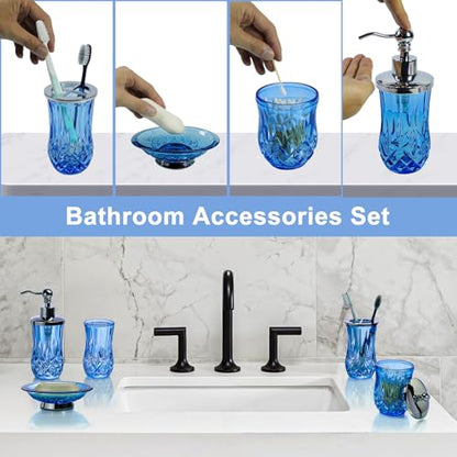 Blue Bathroom Accessories, Round Thick Glass & Metal Pump | Beautiful & weight, 5 pcs soap dispenser, toothbrush holder, soap dish, tumbler & jar, for mission/amish style - style: Round(Blue)
