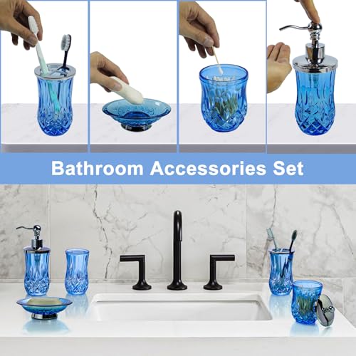 Blue Bathroom Accessories, Round Thick Glass & Metal Pump | Beautiful & weight, 5 pcs soap dispenser, toothbrush holder, soap dish, tumbler & jar, for mission/amish style - style: Round(Blue)