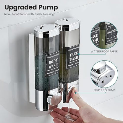Wall-Mounted Shampoo and Conditioner Dispenser 2 Chamber No Drill,Chrome | Shower Soap Dispenser for Bathroom Hotel Large Capacity,each 300ml with two waterproof labels - color: 2chrome