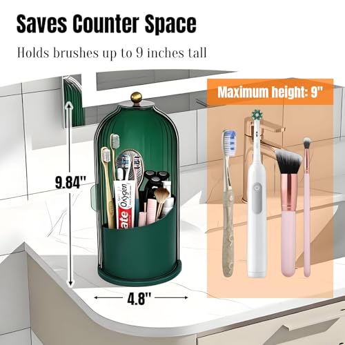 JEESA Dustproof Toothbrush Holder with Cover, All Green | 360° Rotating, 180° Sliding Lid, 3 Slots, Toothbrush Organizer, for Bathroom Countertop - color: All Green
