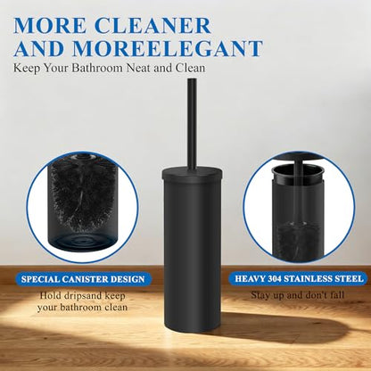 Heavy Duty Stainless Steel Toilet Brush Set with Holder(2 Brush Heads) – Rustproof Toilet Bowl Brush, Compact Cylinder Base, Extra Long Handle for Deep Cleaning, Black - color: Black
