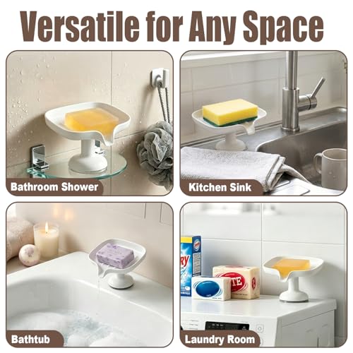 1PCS Self Draining Soap Dish with Suction Cup, Soap Holder for Shower, Bathroom, Sponge Holder for Kitchen Sink, Removable No Damage Stand Bar Soap Tray with Drain Spout Keeps Clean & Dry, White