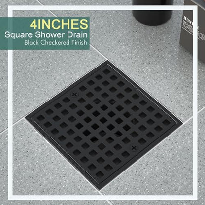 4 Inch Square Shower Floor Drain with Flange and Hair Strainer | SUS304 Stainless Steel, Anti-Clog, Matte Black Shower Drain with Hair Catcher, Removable Grid Drain Cover, For Bathroom - color: Matte Black