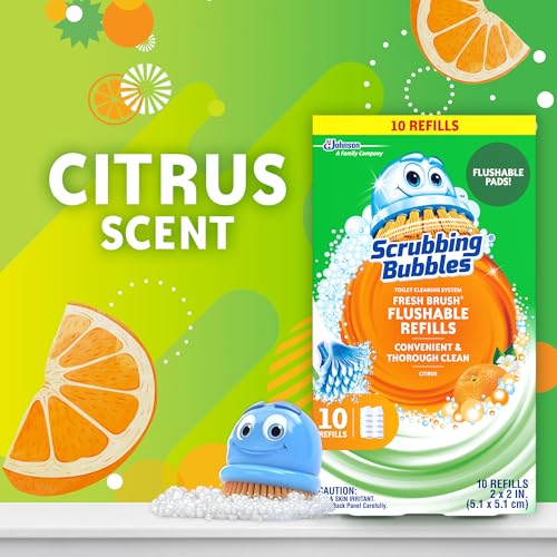 Scrubbing Bubbles Flushable Toilet Bowl Wand Cleaner Refills, Fresh Brush Cleaner Toilet Refill Pads, Removes Limescale & Odors, Citrus Scent, 10 Count (Pack of 1) - size: 10 Count (Pack of 1), style: Refill