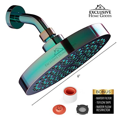 Rainfall Shower Head - 6" High Pressure Shower Heads - 1.8 GPM Shower Heads with Anti-Clog 90 Rubber Jets - 360° Rotation Adjustable Shower Head - Rustproof Bathroom Shower Head - Polished Rainbow