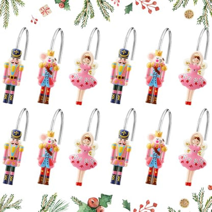 Colingmill 12 Pcs Christmas Nutcracker Shower Curtain Hooks Xmas Pink Nutcracker Shower Curtain Hooks Holiday Bathroom Rust Resistant Decor Rings for Winter Bathroom Bedroom Farmhouse Decorations - style: Nutcracker