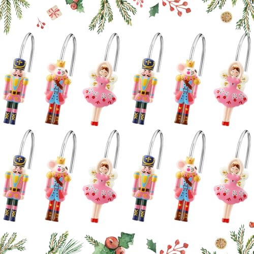 Colingmill 12 Pcs Christmas Nutcracker Shower Curtain Hooks Xmas Pink Nutcracker Shower Curtain Hooks Holiday Bathroom Rust Resistant Decor Rings for Winter Bathroom Bedroom Farmhouse Decorations - style: Nutcracker