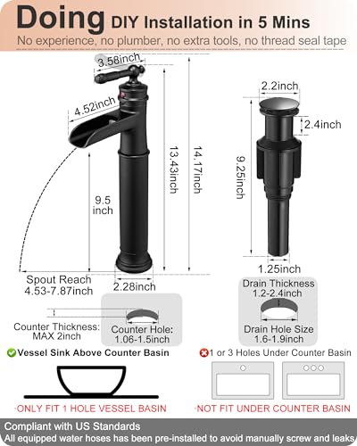 Tall Bathroom Faucet Waterfall, Brass Bathroom Faucets Black Vessel Sink Faucet, Single Handle Bathroom Sink Faucet 1 Hole with Pop-Up Drain & Supply Water Hoses for Hotels Classic No Noise - color: Matte Black - Modern