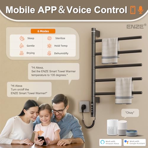 Smart Rotating Heated Towel Rack, 5-Bar Wall-Mounted, Gray | Electric Towel Warmer with Swivel Bars, Wi-Fi App Control, 24H Timer, Stainless Steel, IPX5, Hardwired/Plug-in - color: Gray 16.34"x26.77"