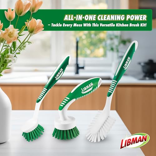 Libman Green & White Cleaning Brush Kit, 3-Piece Set, All-Purpose Brushes for Kitchen, Basins, Sinks, Dishwashers | All-purpose cleaning brush set for kitchen, basins, sinks, and dishwashers; 3-piece. - style: Kitchen Brush Kit