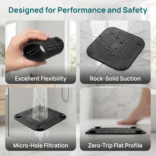 Square Silicone Drain Cover, 5.7 Inch Flat Shower Drain Hair Catcher with Suction Cups, TPR Drain Protector Stopper for Bathroom and Kitchen, Anti-Slip Floor Drain Strainer (2 Pack, Black)