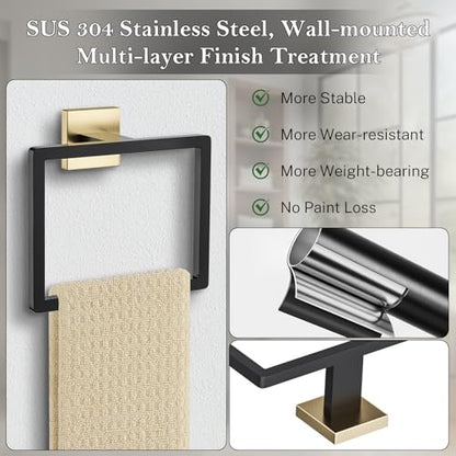 2-Piece Black Gold Towel Ring,Hand Towel Holder,Modern Towel Holder Stainless Steel Towel Rack Wall-Mounted Bathroom Towel Ring - color: Black&gold, size: 2 Pcs