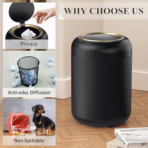 Motion Sensor Bathroom Trash Can with Lid,Black and Gold Garbage Can | 3 Gallon Automatic Bathroom Garbage Cans,Black Garbage Bin,Touchless Sensor Trash Bin,Small Waste Basket for Bedroom,Office - color: Black