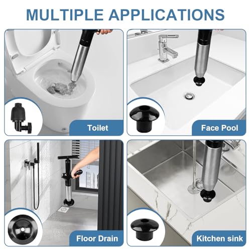 High Pressure Toilet Plunger for Toilet Bathroom Sink Kitchen Floor Clogged | Toilet Unclogger Tool with Visual Barometer, Anti-Splash Sealing Balloon, Ergonomic Non-Slip Handle, 7 Fittings