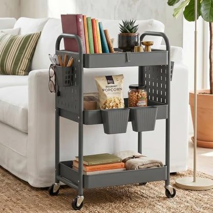 3 Tier Rolling Cart with Retractable Dividers, Multi-Functional White Rolling Utility Cart with Pegboards, Hooks & Hanging Cups for Nursery, Living Room, Studio - color: Gray