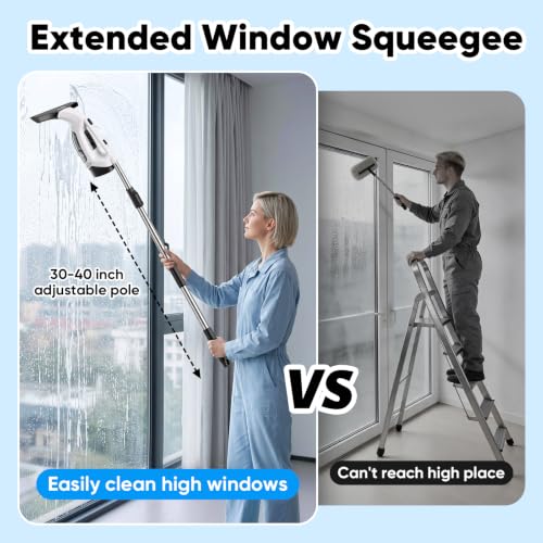 Cordless Window Vacuum Squeegee, 4000mAh Electric Window Cleaner Tool, Window Cleaning Kit with Shower Squeegee & Extension Pole for Shower Glass, Mirror, Door, Car