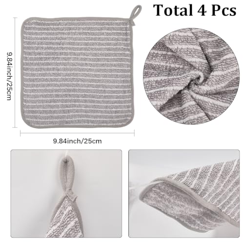 Microfiber Cleaning Cloth 4Pcs Hangable Cleaning Towels Super Absorbent Hand Dry Towels Square Dish Rags for Bathroom Household Kitchen Window Sports Grey 9.84x9.84 Inch - style: 4Pcs Grey