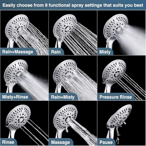 BRIGHT SHOWERS 9 Spray Settings Shower Head with Handheld High Pressure Hand Held Showerhead with 60 Inch Stainless Steel Hose and Adjustable Overhead Bracket, Chrome - color: Chrome, size: 2.5 Gallon Per Minute