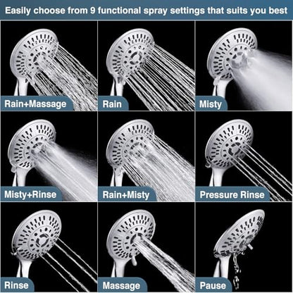 BRIGHT SHOWERS 9 Spray Settings Shower Head with Handheld High Pressure Hand Held Showerhead with 60 Inch Stainless Steel Hose and Adjustable Overhead Bracket, Chrome - color: Chrome, size: 2.5 Gallon Per Minute