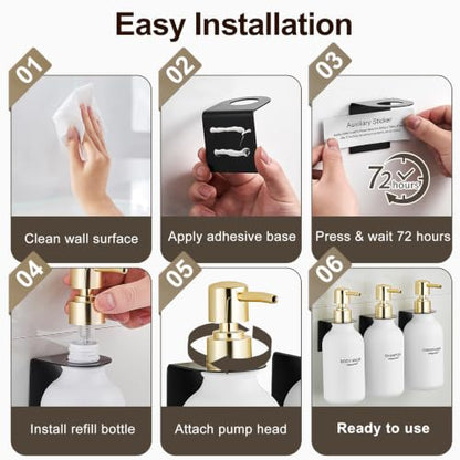 Shampoo and Conditioner Dispenser Set of 3, Matte White | Gold Pumps, 16.9 oz Refillable Bottles, No-Drill Wall Mount, 27 Labels, For Bathrooms, Hotels and Airbnbs - color: Matte White Bottle + Gold Pump
