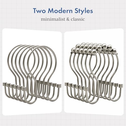 Bathway Shower Curtain Hooks Nickel Shower Curtain Rings with Cylindrical Design, 12Pcs Metal Shower Curtain Hooks Rust Proof, Smooth Glide Double Shower Hooks Rings for Shower Curtain - color: Matte Nickel, style: Minimalist Shower Hooks with Cylinders