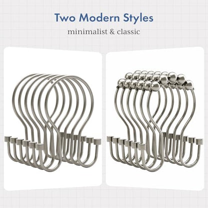 Bathway Shower Curtain Hooks Nickel Shower Curtain Rings with Cylindrical Design, 12Pcs Metal Shower Curtain Hooks Rust Proof, Smooth Glide Double Shower Hooks Rings for Shower Curtain - color: Matte Nickel, style: Minimalist Shower Hooks with Cylinders