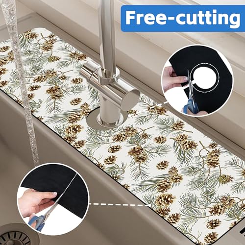 Abstract Pine Cones Sink Faucet Absorbing Mat Splash Guard Behind Faucet Sink Mat Absorbent Fast Drying Faucet Draining Mat for Bathroom Kitchen 5.5"×24" - size: 24" x 5.5"